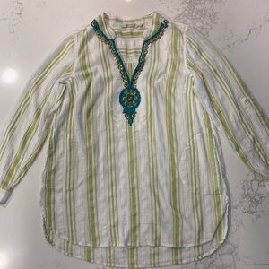 Soft Surroundings Lightweight Striped Linen-Blend Tunic with Beaded Neck